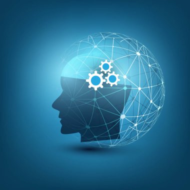 Makine yapay zeka, öğrenme, bulut bilgi işlem, otomatik tel kafes küre ve insan kafası ile destek yardım ve ağlar tasarım konsepti