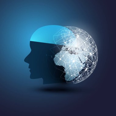 Makine yapay zeka, öğrenme, bulut bilgi işlem, otomatik tel kafes küre ve insan kafası ile destek yardım ve ağlar tasarım konsepti