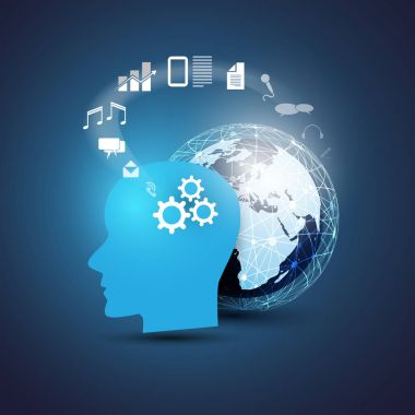 Makine yapay zeka, öğrenme, bulut bilgi işlem ve küresel dijital ağlar tasarım konsepti ile simgeler ve insan kafası - bilgi işlem