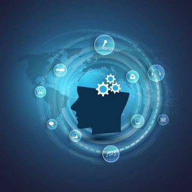 Makine öğrenimi, yapay zeka, bulut bilgisayar ve tasarım konsepti çeşitli bilgi orta ve Hizmetleri - büyük veri, bilgi işleme, genel kontrol gösteren simgeler ile iletişim 