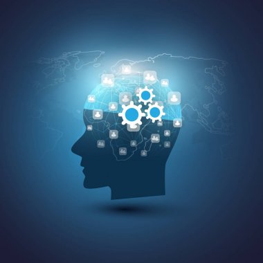 Otomatik öğrenme, makine yapay zeka, bulut bilgisayar, genel destek yardım ve ağlar tasarım konsepti ile Dünya Haritası ve insan kafası