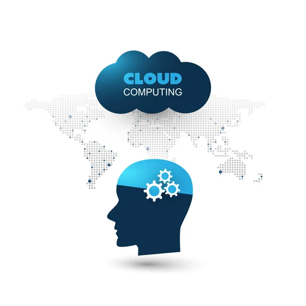 Strojové učení, umělá inteligence, Cloud Computing a sítě koncepce designu s mapou světa a lidská hlava — Stockový vektor