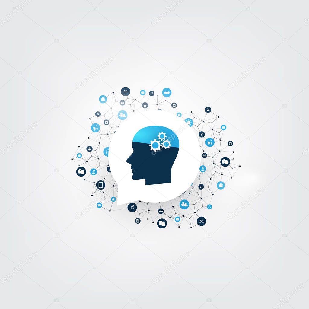 Abstract Machine Learning, Artificial Intelligence, Cloud Computing and Networks Design Concept with Icons and Human Head