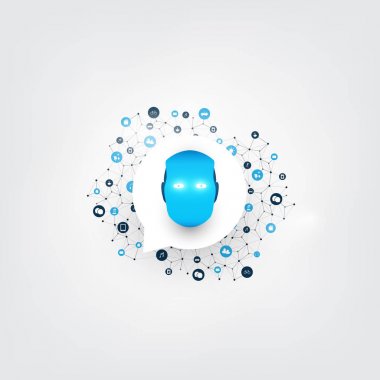 Konuşma tanıma, dijital yardım, makine öğrenme, yapay zeka, bulut bilgisayar ve ağlar tasarım konsepti ile simgeler ve Robot baş
