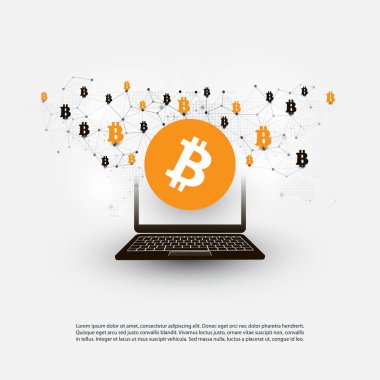 Ağlar - iş ve küresel finansal bağlantıları, kripto para birimi, ticaret, Online Bankacılık ve para transferi konsept tasarımı, Bitcoin kutsal kişilerin resmi ve dizüstü bilgisayar ile illüstrasyon vektör