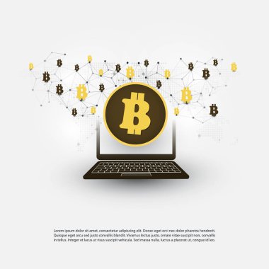 Ağlar - iş ve küresel finansal bağlantıları, kripto para birimi, ticaret, Online Bankacılık ve para transferi konsept tasarımı, Bitcoin kutsal kişilerin resmi ve dizüstü bilgisayar ile illüstrasyon vektör