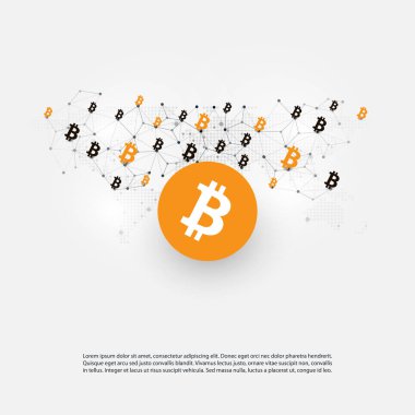 Ağlar - iş ve küresel finansal bağlantıları, kripto para birimi, Bitcoin, Online Bankacılık ve para transferi konsept tasarımı, ticaret simgelerle illüstrasyon vektör