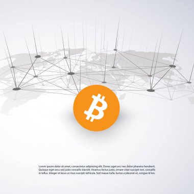 Ağlar - iş ve küresel finansal bağlantıları, Cryptocurrency, Bitcoin, Online Bankacılık ve para transferi konsept tasarımı, ticaret dünya harita illüstrasyon vektör