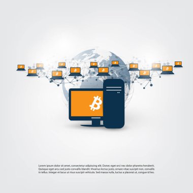 Ağlar - iş ve küresel finansal bağlantıları, kripto para birimi, Bitcoin ticareti ve madencilik, Online Bankacılık ve para konsept tasarımı aktarma