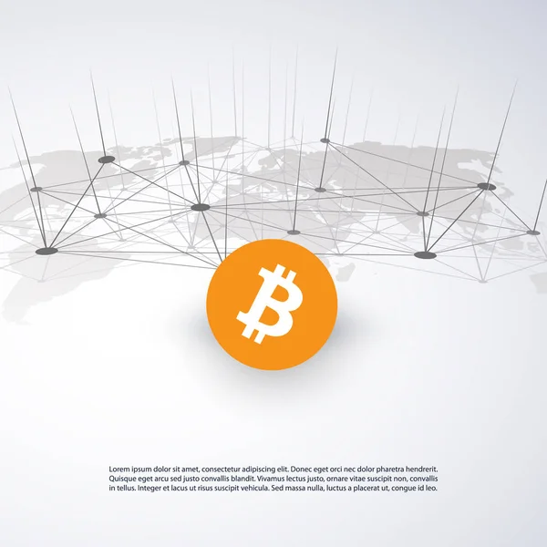 네트워크-비즈니스와 글로벌 금융 연결, Cryptocurrency, 무역, 온라인 뱅킹 및 돈 전송 개념 디자인, Bitcoin 벡터 세계 지도 그림 — 스톡 벡터