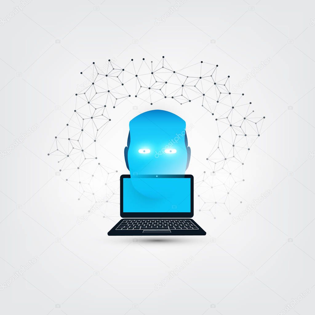 Machine Learning, Artificial Intelligence, Cloud Computing and Networks Design Concept with Laptop Computer, Wireframe and Robot Head