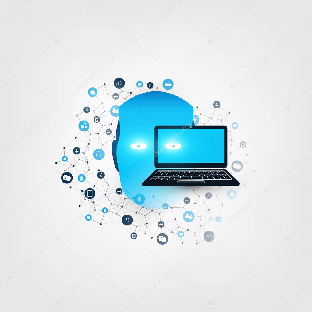 Abstract Machine Learning, Artificial Intelligence, Cloud Computing and Networks Design Concept with Icons, Laptop Computer and Robot Head