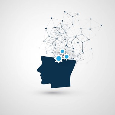 Makine öğrenimi, yapay zeka, bulut bilgisayar ve tasarım konsepti ağ kafes ve insan kafası ile iletişim