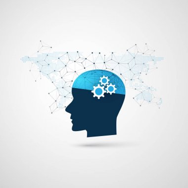 Makine öğrenimi, yapay zeka, bulut bilgisayar ve tasarım konsepti ağ kafes ve insan kafası ile iletişim