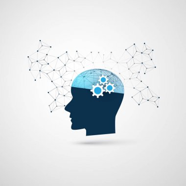 Makine öğrenimi, yapay zeka, bulut bilgisayar ve tasarım konsepti ağ kafes ve insan kafası ile iletişim