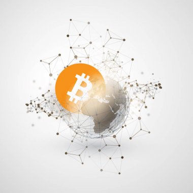 Ağlar - iş ve küresel finansal bağlantıları, Cryptocurrency, Bitcoin ticaret, Online banka ve para konsept tasarımı aktarma