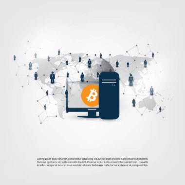 Ağlar - iş ve küresel finansal bağlantıları, Cryptocurrency, Bitcoin ticaret, Online banka ve para konsept tasarımı aktarma