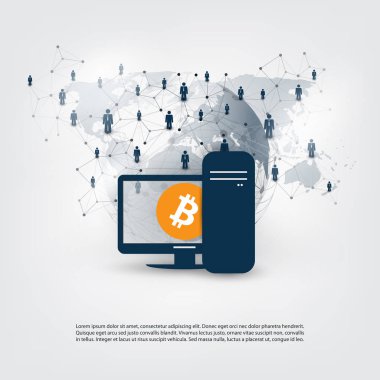 Ağlar - iş ve küresel finansal bağlantıları, Cryptocurrency, Bitcoin ticaret, Online banka ve para konsept tasarımı aktarma