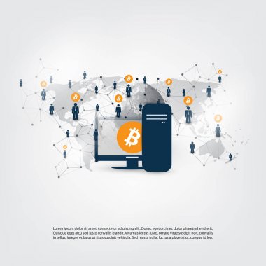 Ağlar - iş ve küresel finansal bağlantıları, Cryptocurrency, Bitcoin ticaret, Online banka ve para konsept tasarımı aktarma