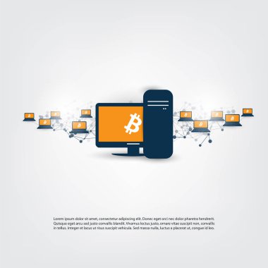 Ağlar - iş ve küresel finansal bağlantıları, Cryptocurrency, Bitcoin ticareti ve madencilik, Online Bankacılık ve para konsept tasarımı aktarma