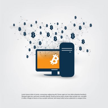 Ağlar - iş ve küresel finansal bağlantıları, Cryptocurrency, Bitcoin ticareti ve madencilik, Online Bankacılık ve para konsept tasarımı aktarma