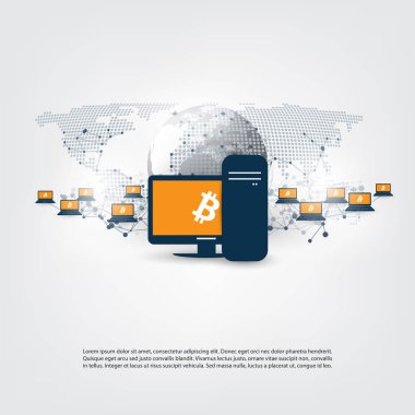 Ağlar - iş ve küresel finansal bağlantıları, Cryptocurrency, Bitcoin ticareti ve madencilik, Online Bankacılık ve para konsept tasarımı aktarma