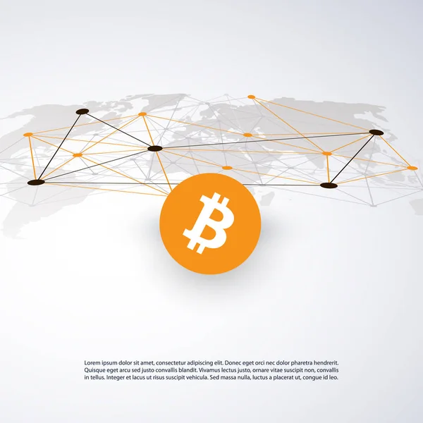 네트워크-비즈니스와 글로벌 금융 연결, Cryptocurrency, 무역, 온라인 뱅킹 및 돈을 Bitcoin 세계 지도 개념 디자인을 전송 — 스톡 벡터