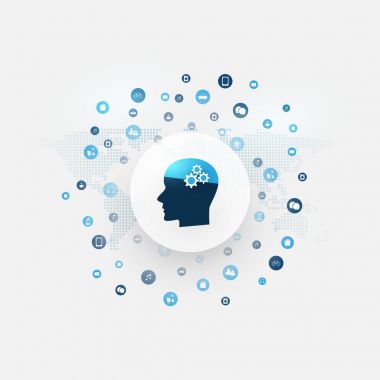 Soyut makine ve derin öğrenme, yapay zeka, bulut bilgisayar ve tasarım konsepti simgeler ve insan kafası ile iletişim