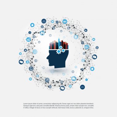 Soyut makine ve derin öğrenme, yapay zeka, Cloud Computing, akıllı şehir ve ağlar tasarım konsepti ile simgeler ve insan kafası