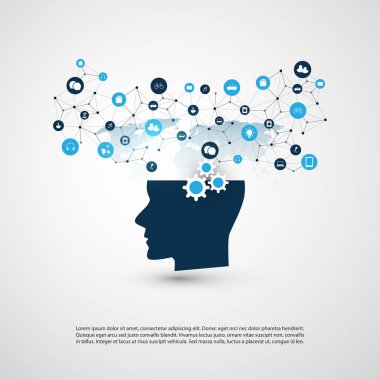 Soyut makine ve derin öğrenme, yapay zeka, bulut bilgisayar ve tasarım konsepti simgeler ve insan kafası ile iletişim