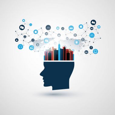 Soyut makine ve derin öğrenme, yapay zeka, Cloud Computing, akıllı şehir ve ağlar tasarım konsepti ile simgeler ve insan kafası