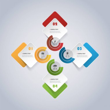Geometrik şekiller, Tur kareler ve daireler simgeleri ile numaralandırılmış Minimalist tarzı Infographics tasarım - kesilmiş renkli Kağıt Modern Set