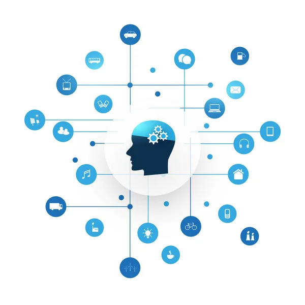 Abstraktní stroj a hluboké učení, umělá inteligence, Cloud Computing a sítí koncepce designu s ikonami a lidská hlava — Stockový vektor