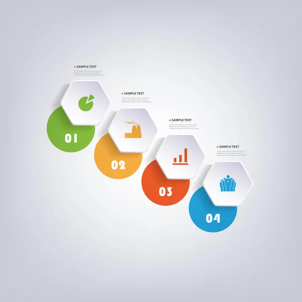 Design de infográficos de estilo de corte de papel moderno colorido - Conjunto de formas geométricas numeradas minimalistas, hexágonos redondos e círculos com ícones — Vetor de Stock