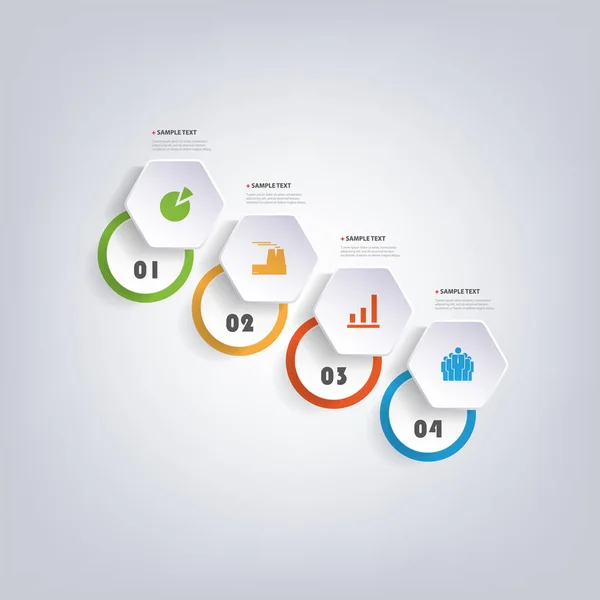 Design de infográficos de estilo de corte de papel moderno colorido - Conjunto de formas geométricas numeradas minimalistas, hexágonos redondos e círculos com ícones — Vetor de Stock