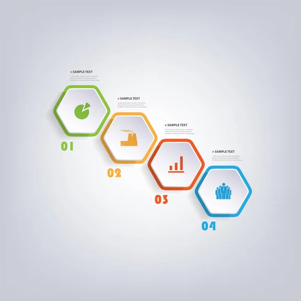 Conception d'infographie de style de coupe de papier moderne coloré - Ensemble de formes géométriques numérotées minimalistes, hexagones ronds avec icônes — Image vectorielle