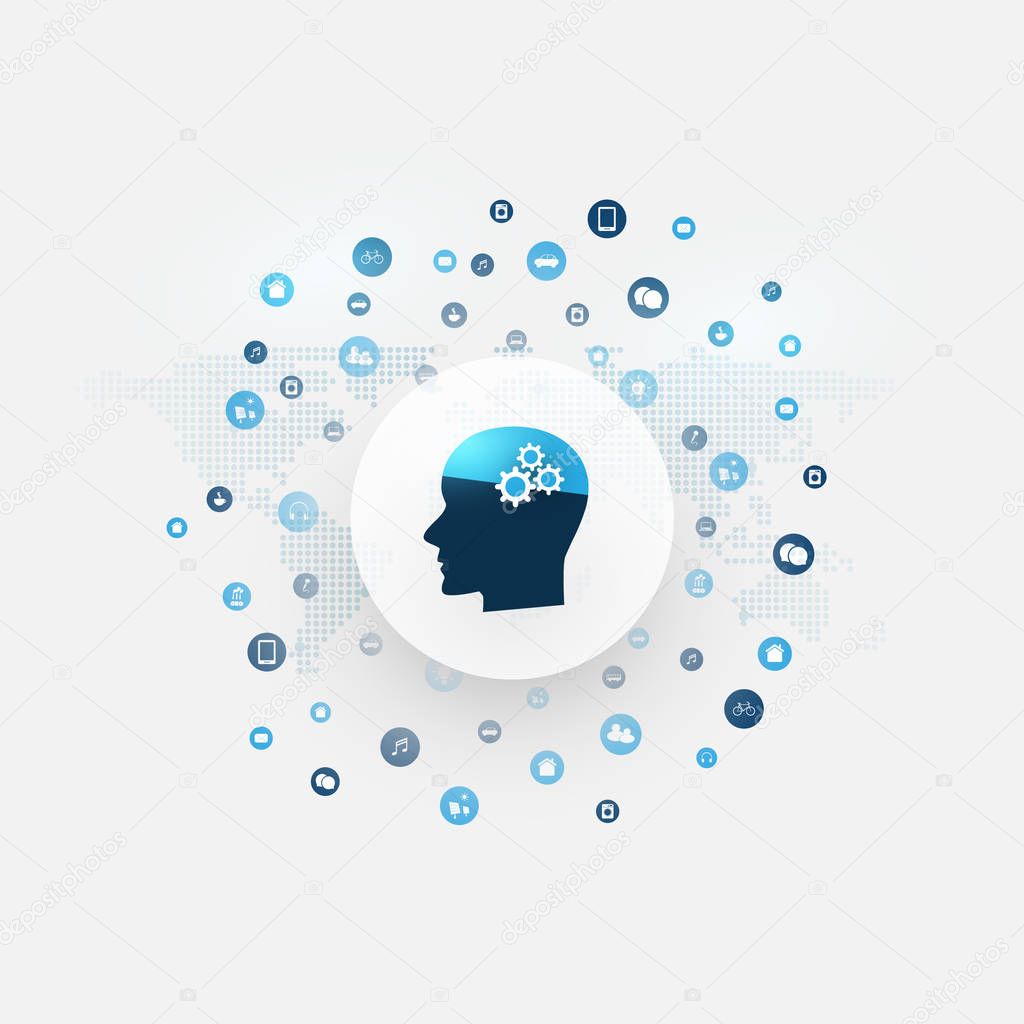 Abstract Machine and Deep Learning, Artificial Intelligence, Cloud Computing and Networks Design Concept with Icons and Human Head