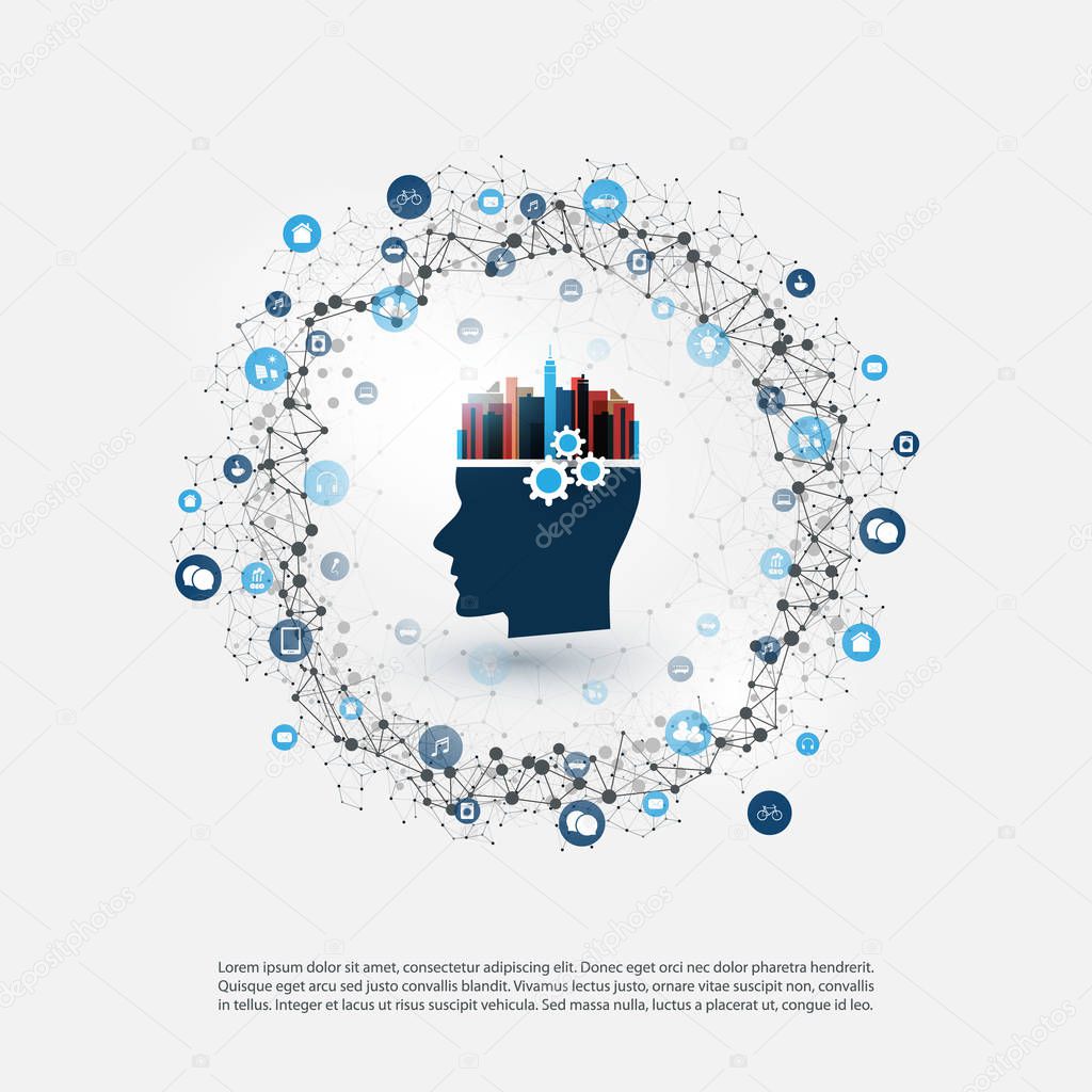 Abstract Machine and Deep Learning, Artificial Intelligence, Cloud Computing, Smart City and Networks Design Concept with Icons and Human Head