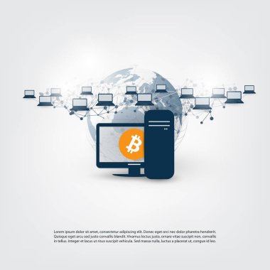 Konsept tasarımı, vektör çizim - iş ve küresel finansal bağlantıları, Cryptocurrency, Bitcoin ticareti ve madencilik, Online Bankacılık ve ağları para transferi