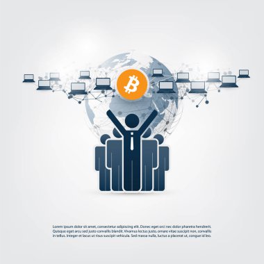 Konsept tasarımı, vektör çizim - iş ve küresel finansal bağlantıları, Cryptocurrency, Bitcoin ticareti ve madencilik, Online Bankacılık ve ağları para transferi