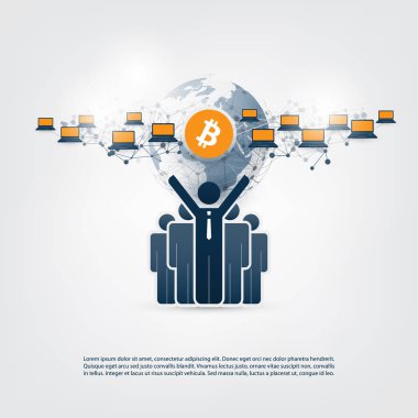 Ağlar - Global iş ve mali bağlantıları, Cryptocurrency, Bitcoin ticaret ve Online Bankacılık, madencilik ve para transferi konsept tasarımı, vektör çizim