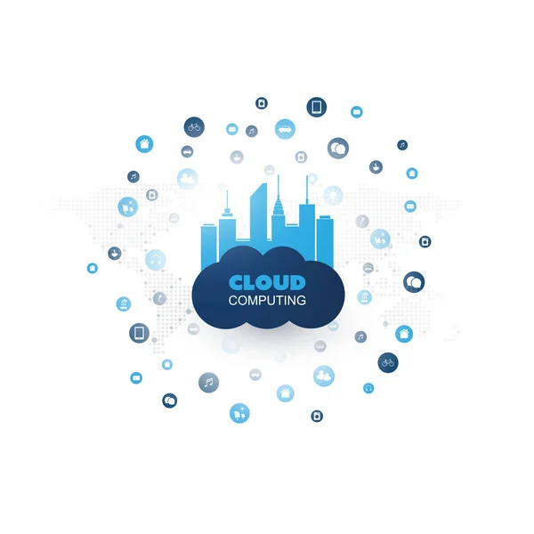 Concetto di progettazione del cloud computing con rete, icone connesse che rappresentano vari dispositivi e servizi intelligenti - connessioni di rete digitali, background tecnologico — Vettoriale Stock