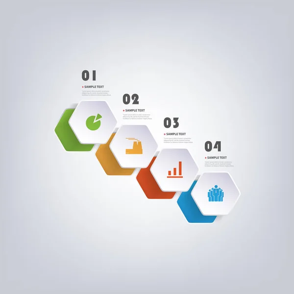 Farbenfroher moderner Papierschnitt-Stil Infografik-Design - Reihe von minimalistisch nummerierten geometrischen Formen, runde Sechsecke mit Symbolen — Stockvektor