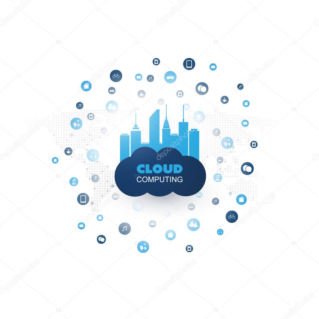 Cloud Computing Design Concept with Mesh, Connected Icons Representing Various Smart Devices and Services - Digital Network Connections, Technology Background