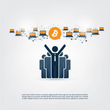 Ağlar - Global iş ve mali bağlantıları, Cryptocurrency, Bitcoin ticareti ve madencilik, Online Bankacılık ve para konsept tasarımı aktarma