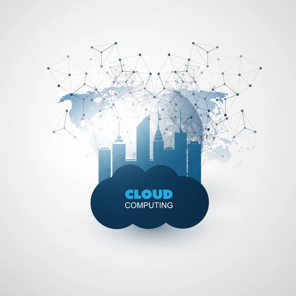 Cloud Computing und Smart City Design Konzept - globale digitale Netzwerkverbindungen, technologischer Hintergrund — Stockvektor