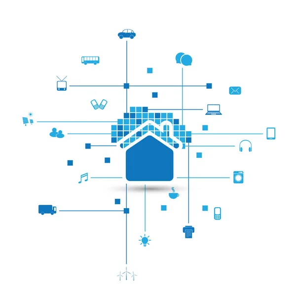 Cloud Computing, IoT, Concept de conception domotique avec des icônes Connexions réseau numérique, Arrière-plan technologique — Image vectorielle