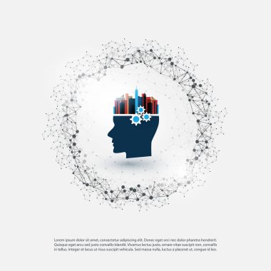 Soyut makine ve derin öğrenme, yapay zeka, Cloud Computing, akıllı şehir ve ağlar tasarım konsepti ile simgeler ve insan kafası 