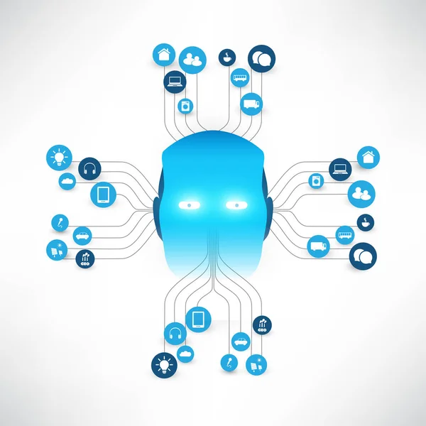 Rozpoznávání řeči, digitální pomoc, strojové učení, umělá inteligence, Cloud Computing a sítí DesignConcept s ikonami a hlava robota — Stockový vektor