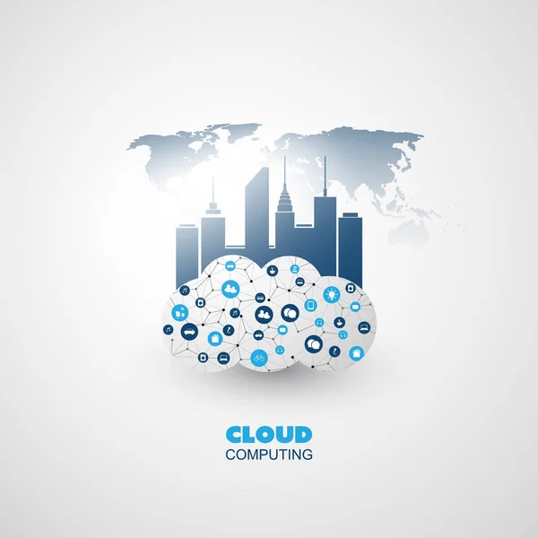 Cloud Computing et Smart City Design Concept - Connexions au réseau numérique mondial, contexte technologique — Image vectorielle